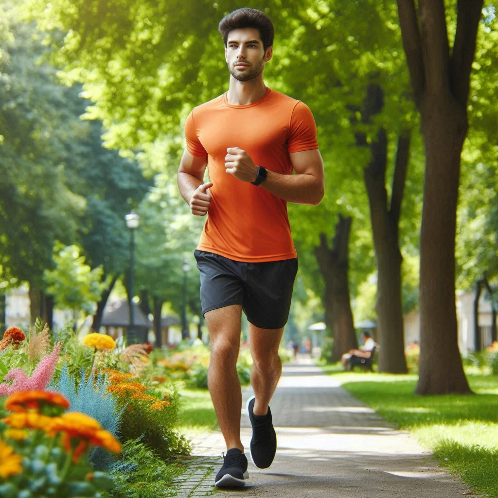 A healthy young man running at full strength on a path in the park.