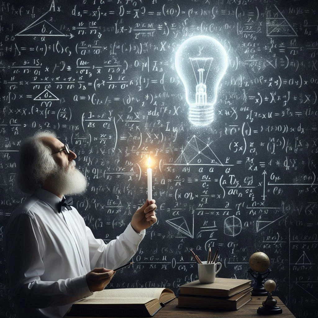 A light bulb, a candle, a scientist and a huge number of mathematical formulas on the wall.