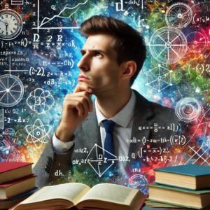 A pensive young man surrounded by books and mathematical formulas.