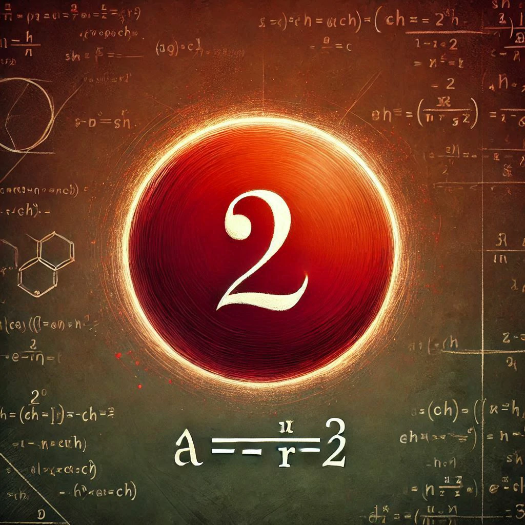 A red circle with the number 2 in the center, with mathematical formulas all around it.