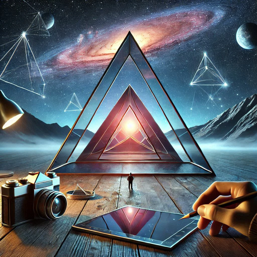 A triangle or a pyramid, a camera, fingers with a pencil, a mobile phone, a man in the distance, all through a wonderful landscape.