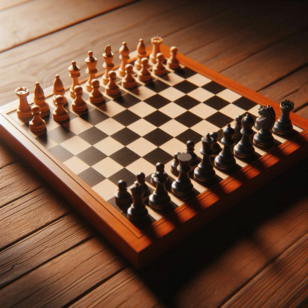 Nice chessboard on a wooden table with pieces.