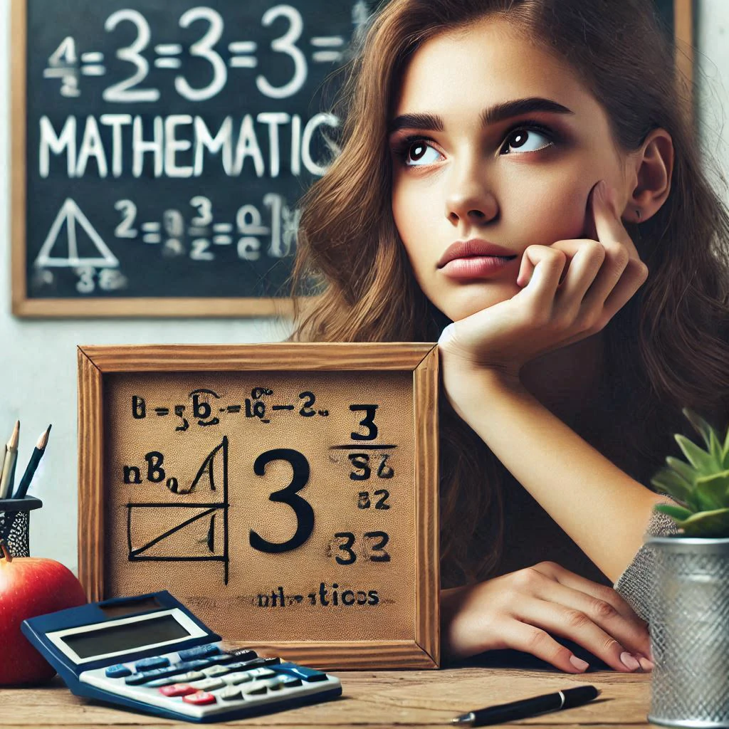 Pensive beautiful girl surrounded by calculator, numbers and math equations.