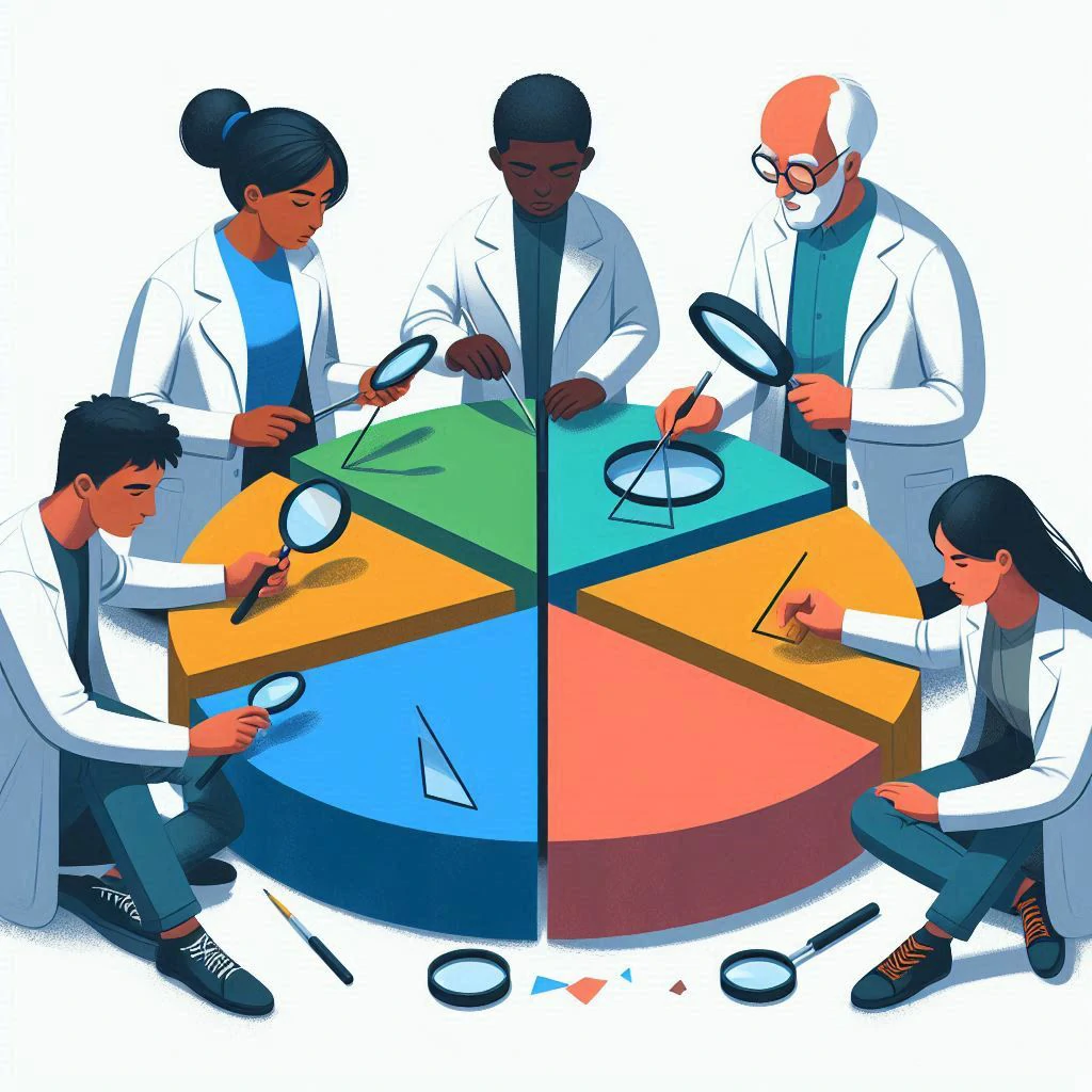 Scientists analyzing a circle divided into triangles.