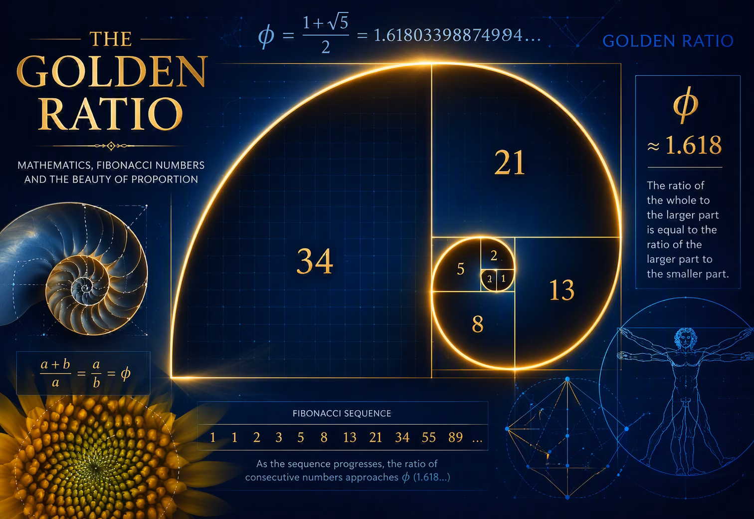 Golden ratio spiral with Fibonacci squares, showing phi 1.618 and its connection to mathematics, geometry, and patterns in nature