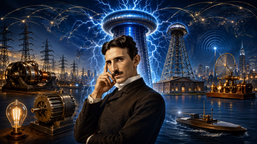 Nikola Tesla standing before a giant Tesla coil with alternating current systems, wireless communication, Wardenclyffe Tower, and a modern illuminated city symbolizing how his inventions shaped today's technological world