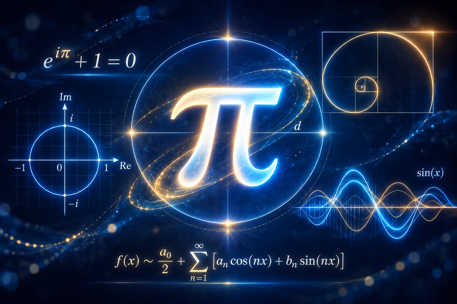 Mathematical illustration of the number pi symbol connected to Euler's identity, the complex plane unit circle, a Fourier series formula, a sine wave, and the golden ratio spiral