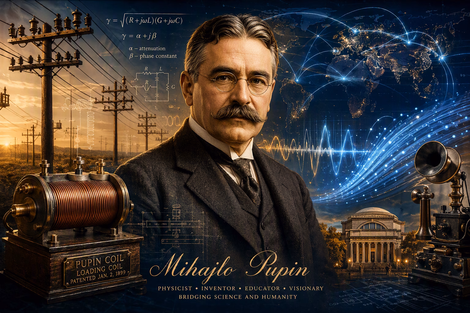Mihajlo Pupin surrounded by transmission lines, loading coils, mathematical formulas, and a global telecommunications network symbolizing his role in the development of modern communication systems.