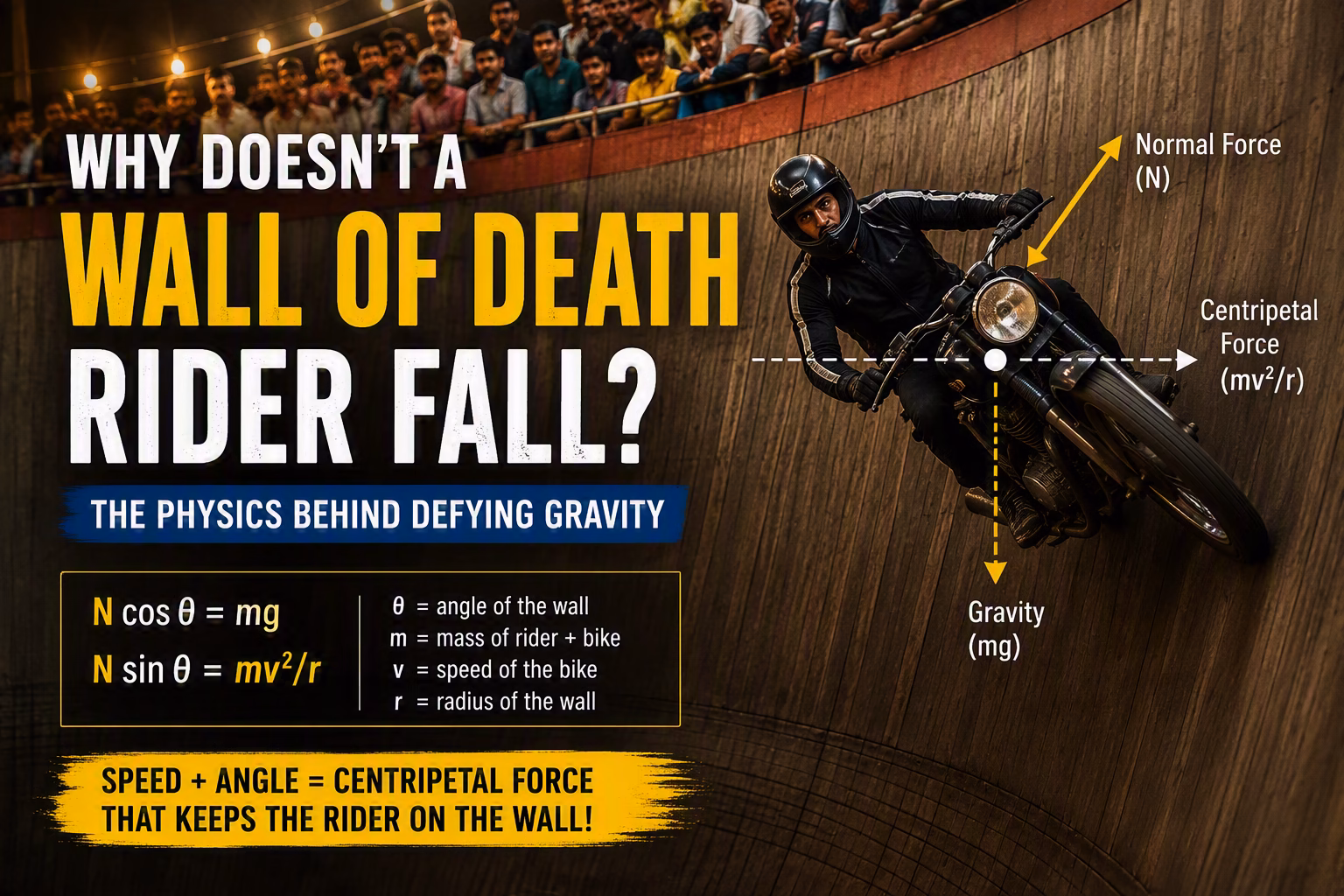 Motorcyclist riding horizontally on the vertical Wall of Death, illustrating the normal force, gravity, friction and centripetal acceleration