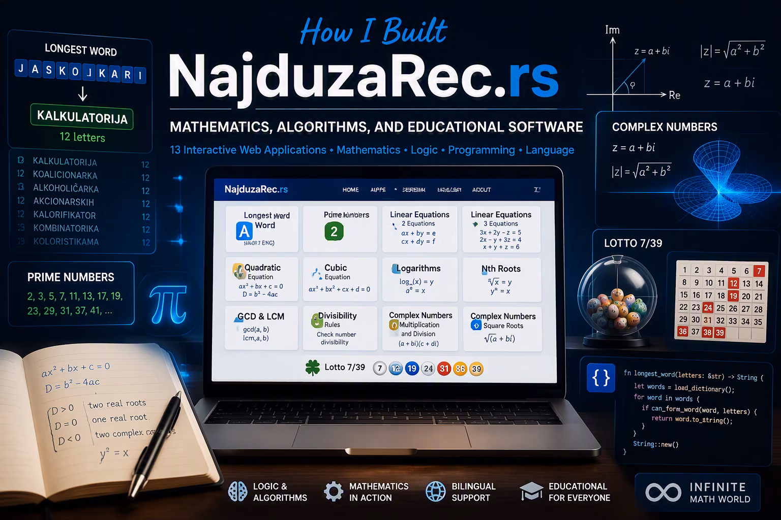 NajduzaRec.rs educational platform combining mathematics, algorithms, word generation and interactive learning applications