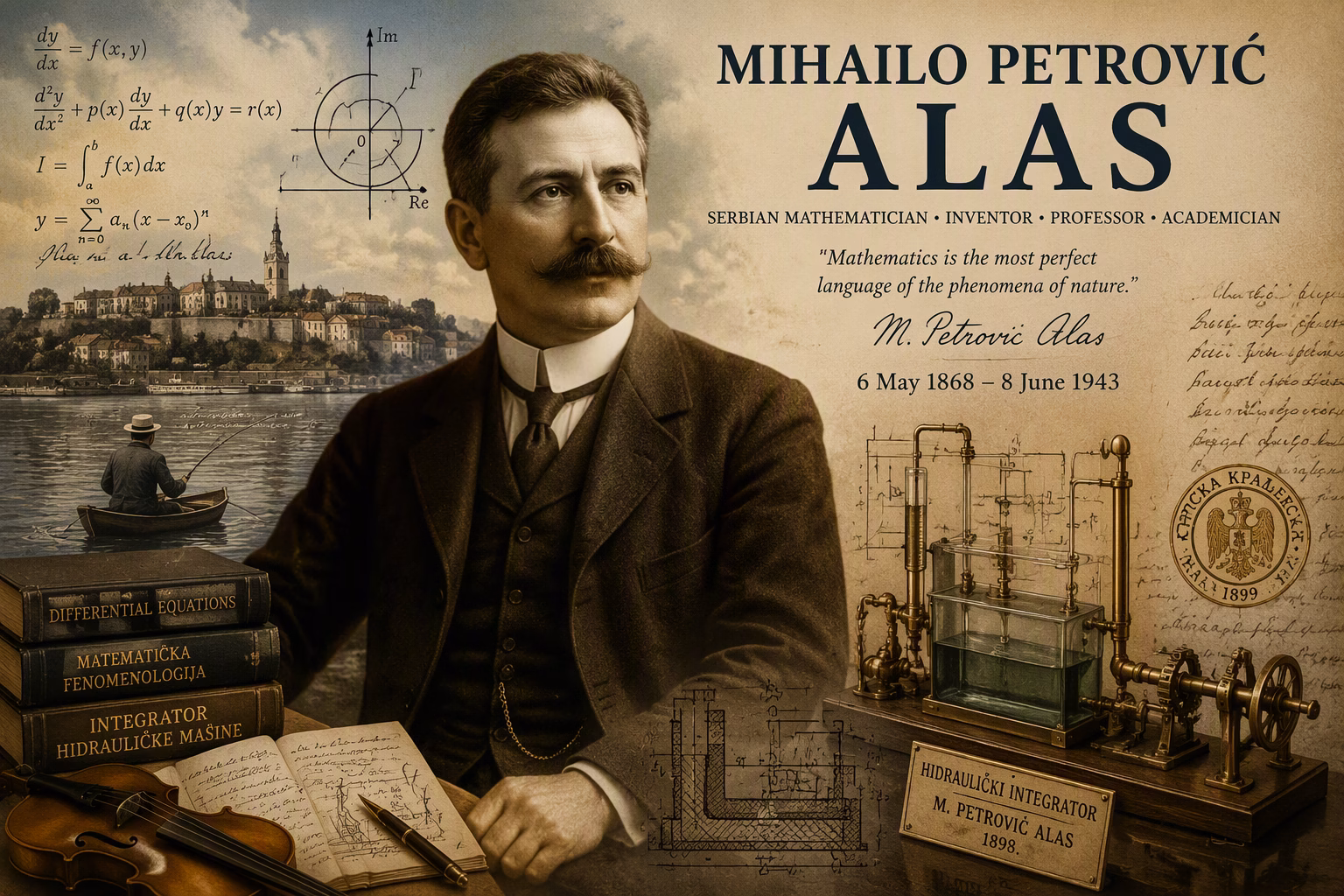 Mihailo Petrović Alas, Serbian mathematician and inventor, with differential equations, mathematical diagrams and a hydraulic integrator in the background