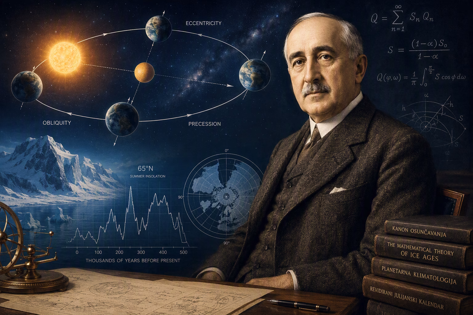 Portrait of Milutin Milanković surrounded by orbital climate cycles, Earth-Sun astronomical diagrams, mathematical formulas, polar ice landscapes, and scientific illustrations explaining the Milankovitch cycles.