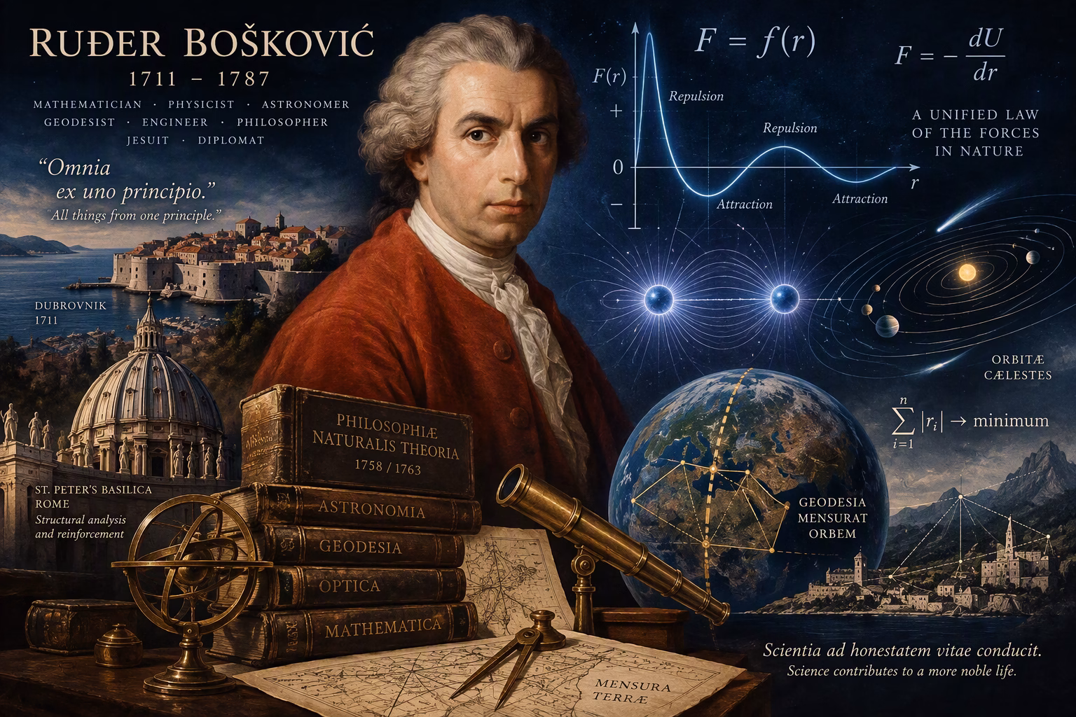 Ruđer Bošković surrounded by a force-distance curve, planetary orbits, geodetic Earth measurements, a telescope, and mathematical formulas symbolizing his contributions to physics, astronomy, geodesy, optics, and the theory of matter.