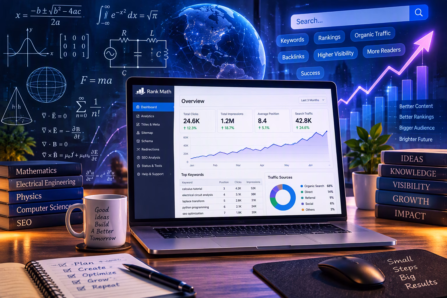 Rank Math SEO dashboard with analytics, keyword rankings, organic traffic growth, mathematical formulas, engineering schematics, and scientific concepts illustrating search engine optimization for an educational blog.