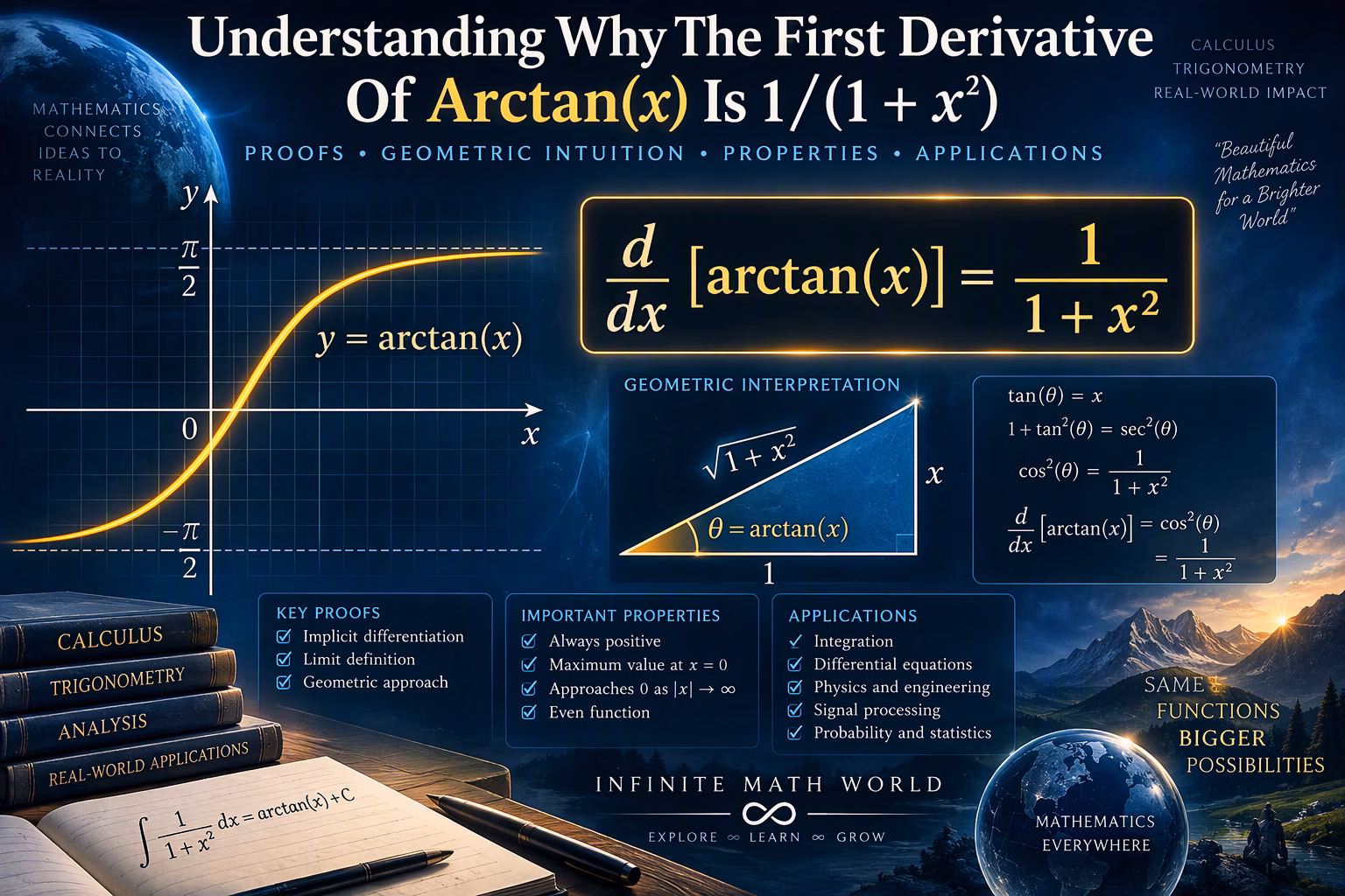 Understanding why the derivative of arctan(x) equals 1/(1 + x²), featuring the arctangent graph, implicit differentiation proof, geometric triangle interpretation, calculus formulas, and real-world applications in mathematics, physics, and engineering.
