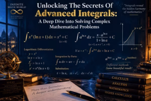 Advanced integral calculus concepts showing logarithmic differentiation, integration by parts, substitution methods, and exponential-logarithmic identities on a premium dark blue mathematical background.