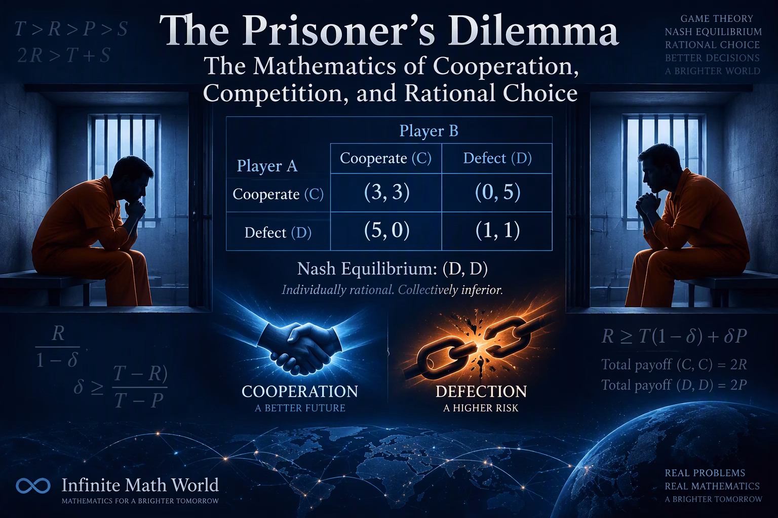 Illustration for The Prisoner's Dilemma, showing two isolated prisoners, a game theory payoff matrix, Nash equilibrium, cooperation versus defection, and mathematical formulas related to repeated games and strategic decision-making.