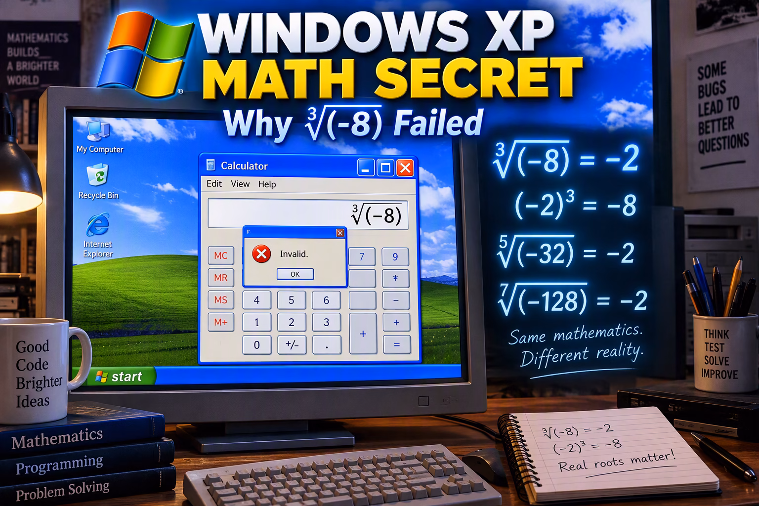 Windows XP calculator displaying an invalid result for ∛(-8) while surrounding mathematical formulas show the correct odd roots of negative numbers.