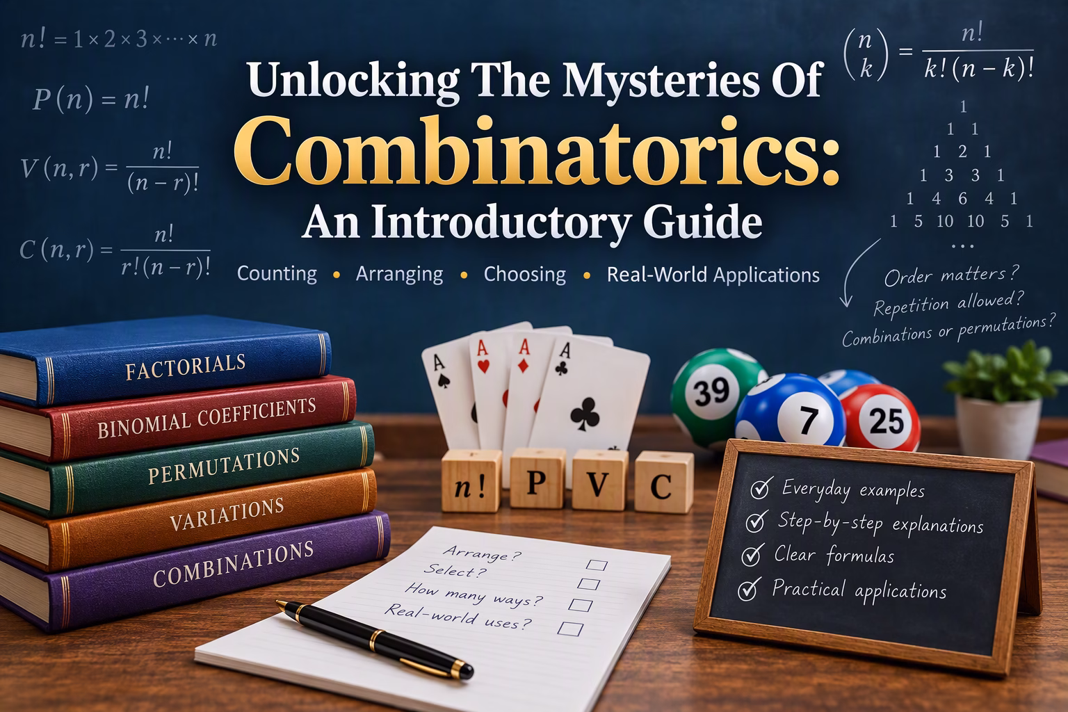 Professional combinatorics featured image showing factorials, binomial coefficients, permutations, variations, and combinations with mathematical formulas, Pascal’s triangle, playing cards, and lottery balls representing real-world applications of combinatorial mathematics.